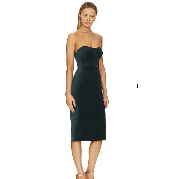 BCBGMAXAZRIA Emerald Green Velvet Bustier Midi Cocktail Dress Size 2 - Picture 3 of 9